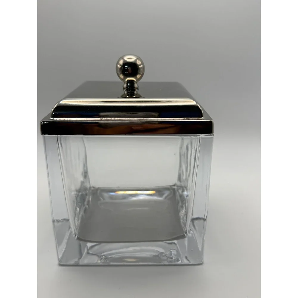 Modern Square Clear Glass Apothecary Canister Polished Silver Metal Lid
